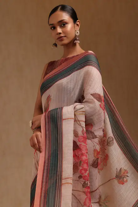 Beige Linen Botanical Print Saree